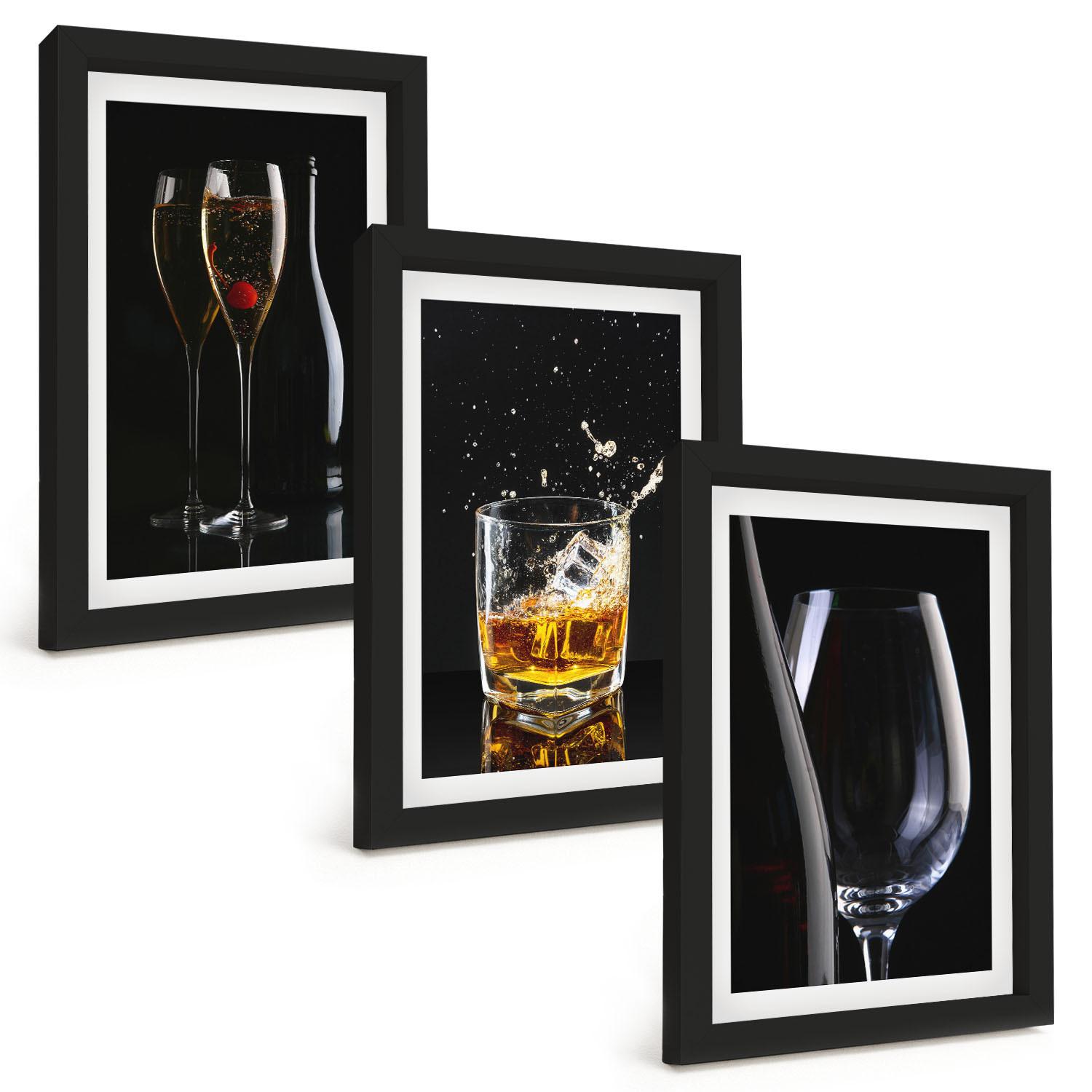 BILDER SET 3er Set - 20x30 cm Schwarzer Rahmen - Weingläser und Whiskygläser auf schwarzem Hintergrund - Schwarz, Kunststoff (20/30cm) - TULUP