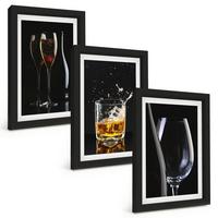 BILDER SET 3er Set - 20x30 cm Schwarzer Rahmen - Weingläser und Whiskygläser auf schwarzem Hintergrund - Schwarz, Kunststoff (20/30cm) - TULUP