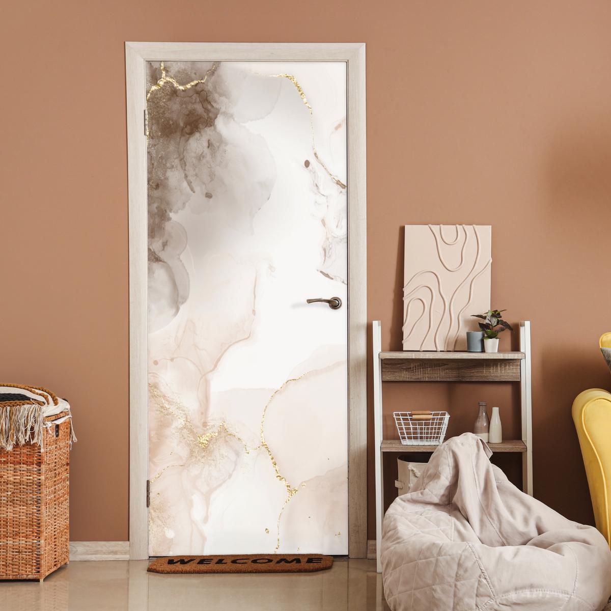 TÜRAUFKLEBER Marmor - Braun - Linie Room Decor 85x205 cm - Türtapete - Champagner, Kunststoff (85/0.1cm) - MuchoWow