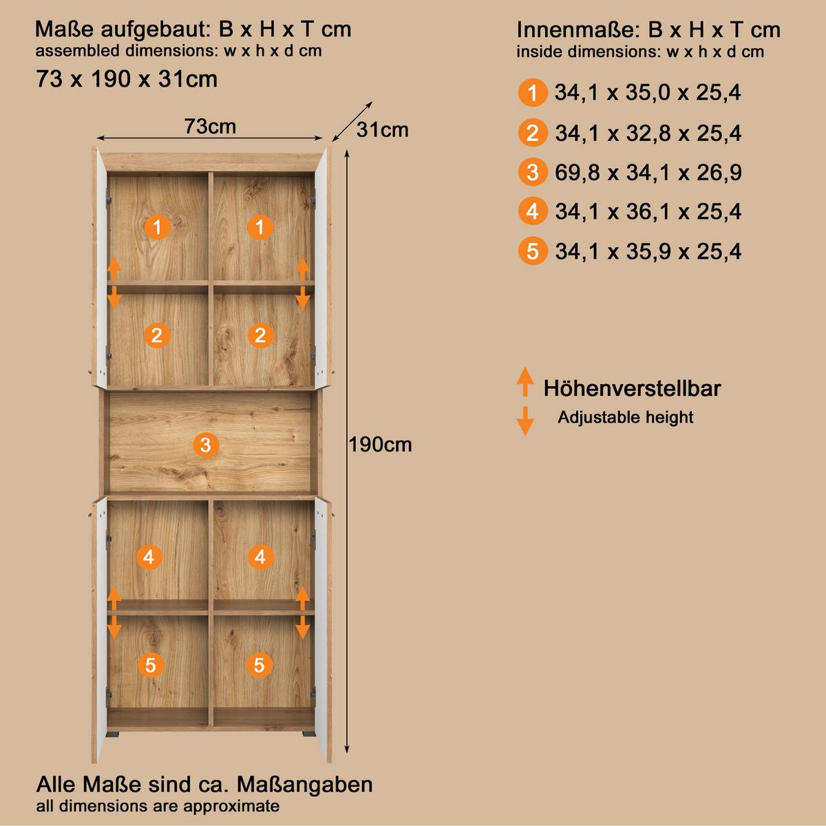 HOCHSCHRANK Asteiche 73 x 190 cm, Badschrank 4-türig - Eichefarben, Holzwerkstoff/Kunststoff (73/190/31cm) - Top.Furn