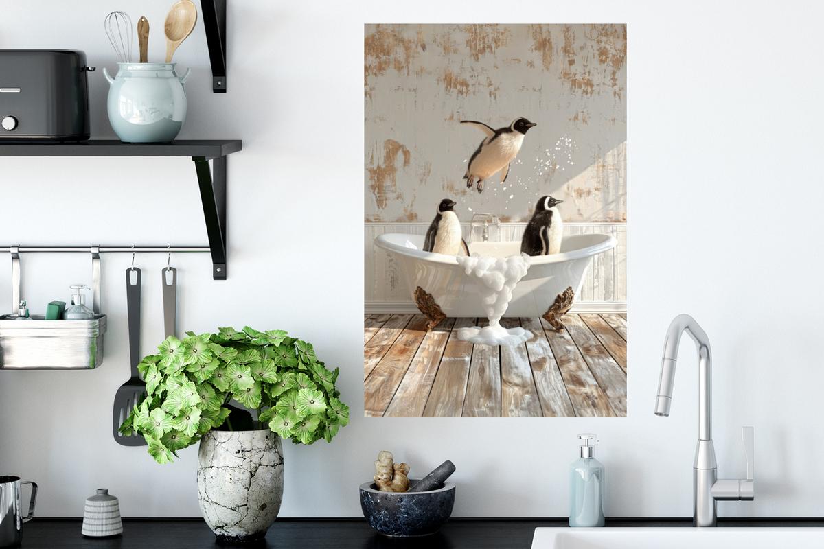 WANDTATTOO Vintage - Pinguin - Badewanne - Schaumstoff Wandbild 40x60 cm - Schwarz, Kunststoff (40/60/0.1cm) - MuchoWow