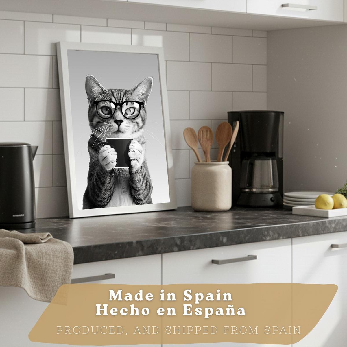 POSTER 4er Set Lustige Tiere mit Brille Wandbilder Katze Dalmatiner Panda Koch Schwarz Weiß Küche Deko Weißer Rahmen A3 - Weiß, Papier (29.7/1/42cm) - Nacnic