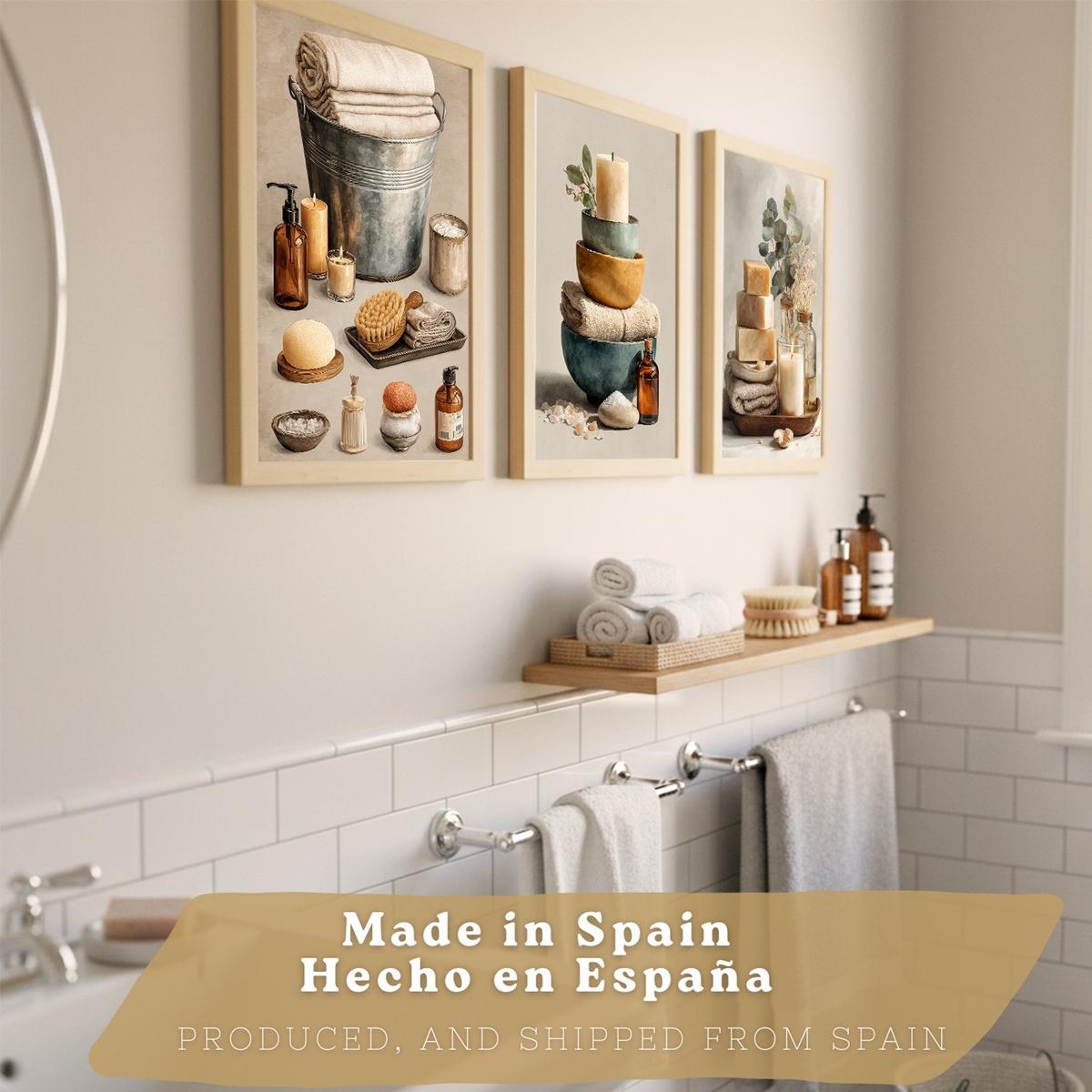 POSTER Set aus 3 Badezimmer Wandbildern und Drucke zur Dekoration für Waschbecken Dusche WC mit Kerzen Seifen und Handtüchern Leichter Holzrahmen A3 - Beige, Papier (42/29.7/3cm) - Nacnic