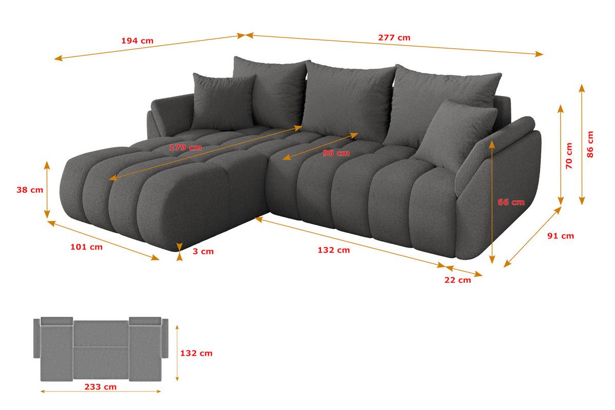 ECKSOFA mit Schlaffunktion Ottomane Links TOKO-L-v1 277x194x86 Grau Bouclé - Schieferfarben/Schwarz, Holzwerkstoff/Kunststoff (277/194cm) - ALTDECOR