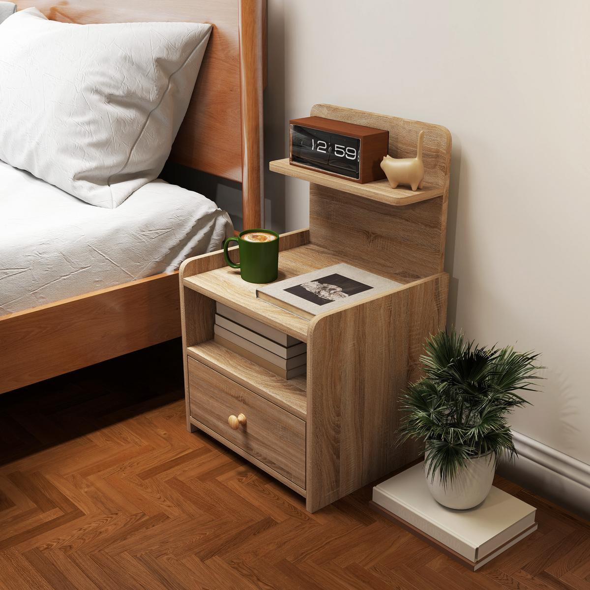 NACHTTISCH mit Schublade, Beistelltisch, Nachtschrank mit offenen Ablage Natur - Naturfarben, Holzwerkstoff (35/66/40cm) - HOMCOM