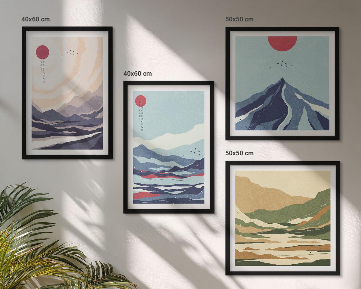 BILDER SET 4er Set - 50x50 cm & 40x60 cm Schwarzer Rahmen - Abstrakte Berglandschaften - Schwarz, Kunststoff (50/50cm) - TULUP