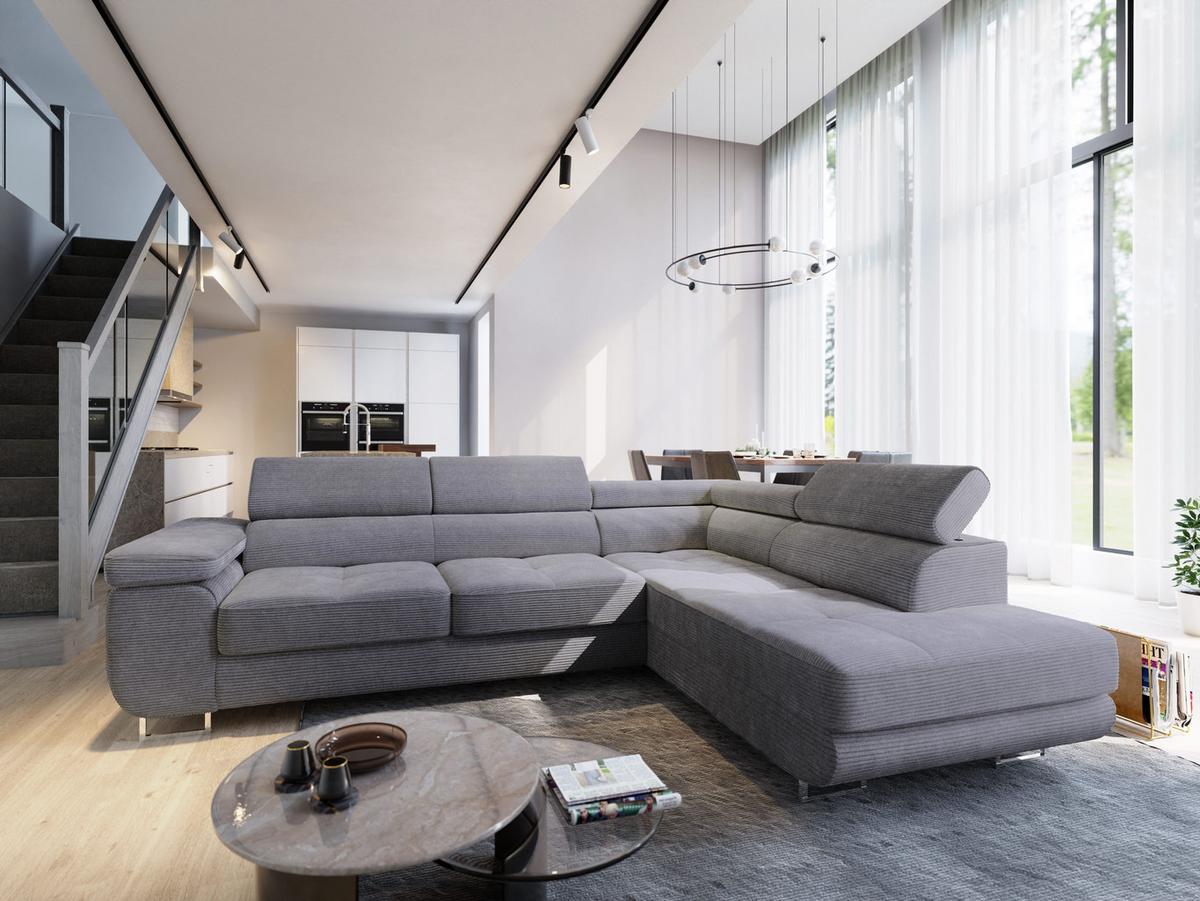 ECKSOFA APIRO R-S Grau Kordstoff mit Schlaffunktion - Silberfarben/Grau, Holz/Textil (276/202cm) - MASSENO