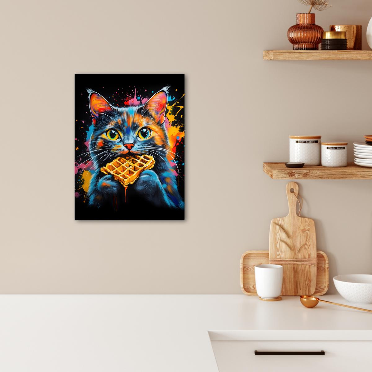 LEINWANDBILD Katze - Graffiti - Bunt - Waffel - Essen Room Decor 30x40 cm - Türkis, Textil (30/40cm) - MuchoWow