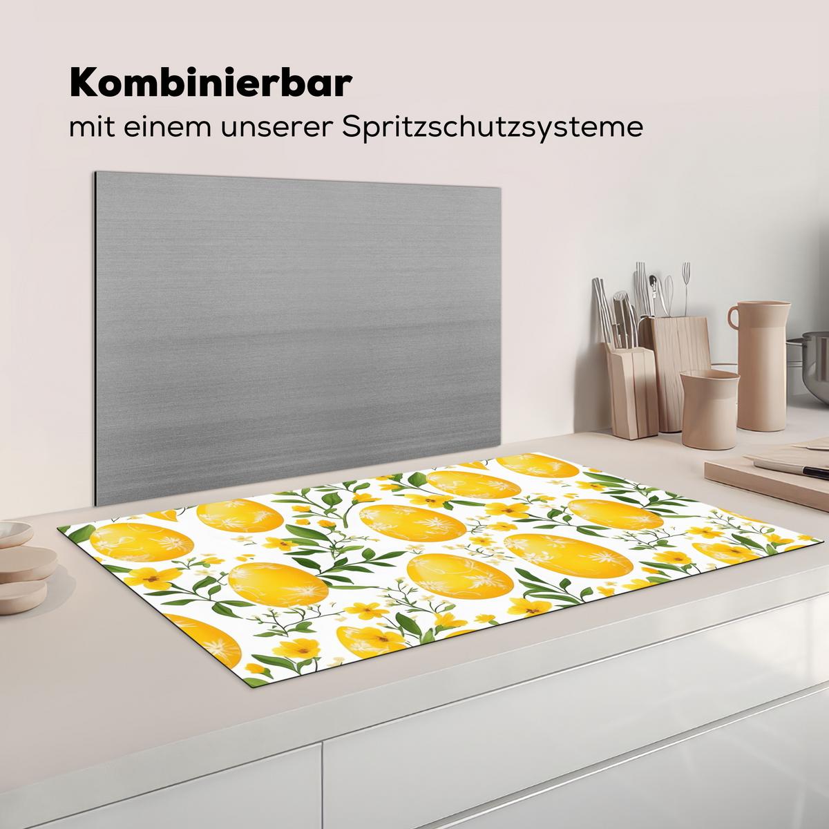 HERDABDECKPLATTE Blumen - Ostereier - Gelb Induktionsschutz 91.2x52 cm - Gelb, Kunststoff (91.2/52/0.2cm) - MuchoWow