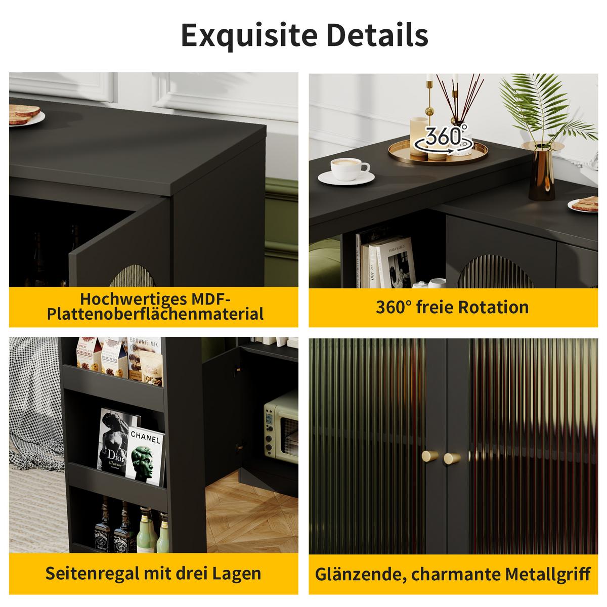 BARSCHRANK 360° drehbar & schwarz mit glastüren & flexiblem bartisch - Schwarz, Holzwerkstoff (40/120/97cm) - Urban Meuble