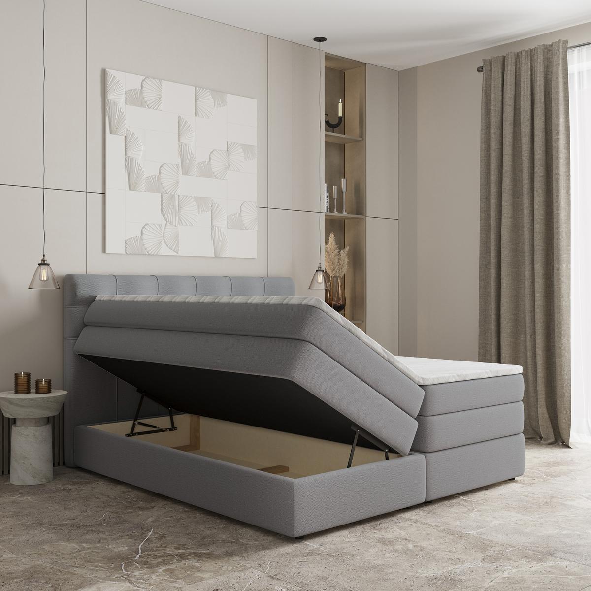 BOXSPRINGBETT AREZI 160x200 cm mit Matratze und Topper - Grau - Grau, Holz (160/200cm) - MASSENO