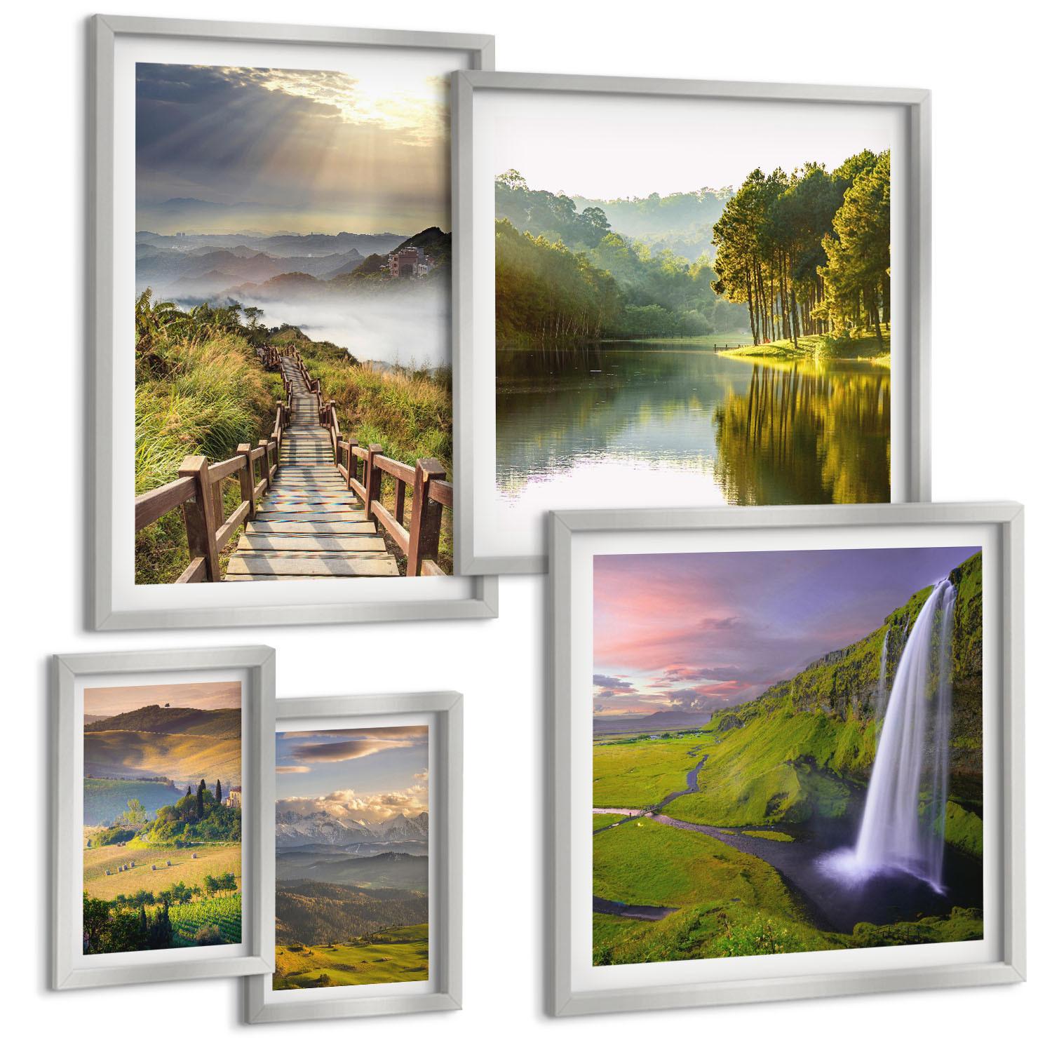 BILDER SET 5er Set - 50x50 cm & 20x30 cm & 40x60 cm Silberner Rahmen - Aquarell von grünen tropischen Blättern - Silberfarben, Kunststoff (40/60cm) - TULUP