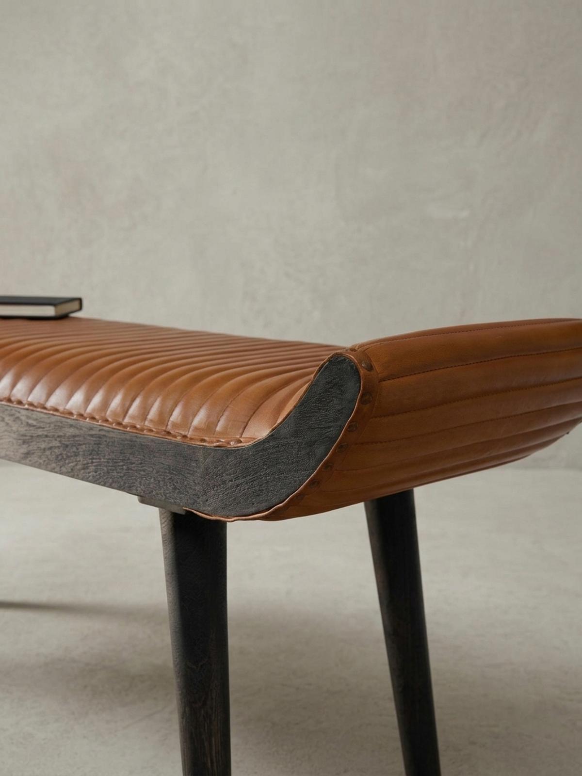 SITZBANK – Echtleder, 125x51x38 cm, Nietenrand, Massivholzbeine - Schwarz/Braun, Mangoholz/Leder (125/51/38cm) - KADIMA DESIGN