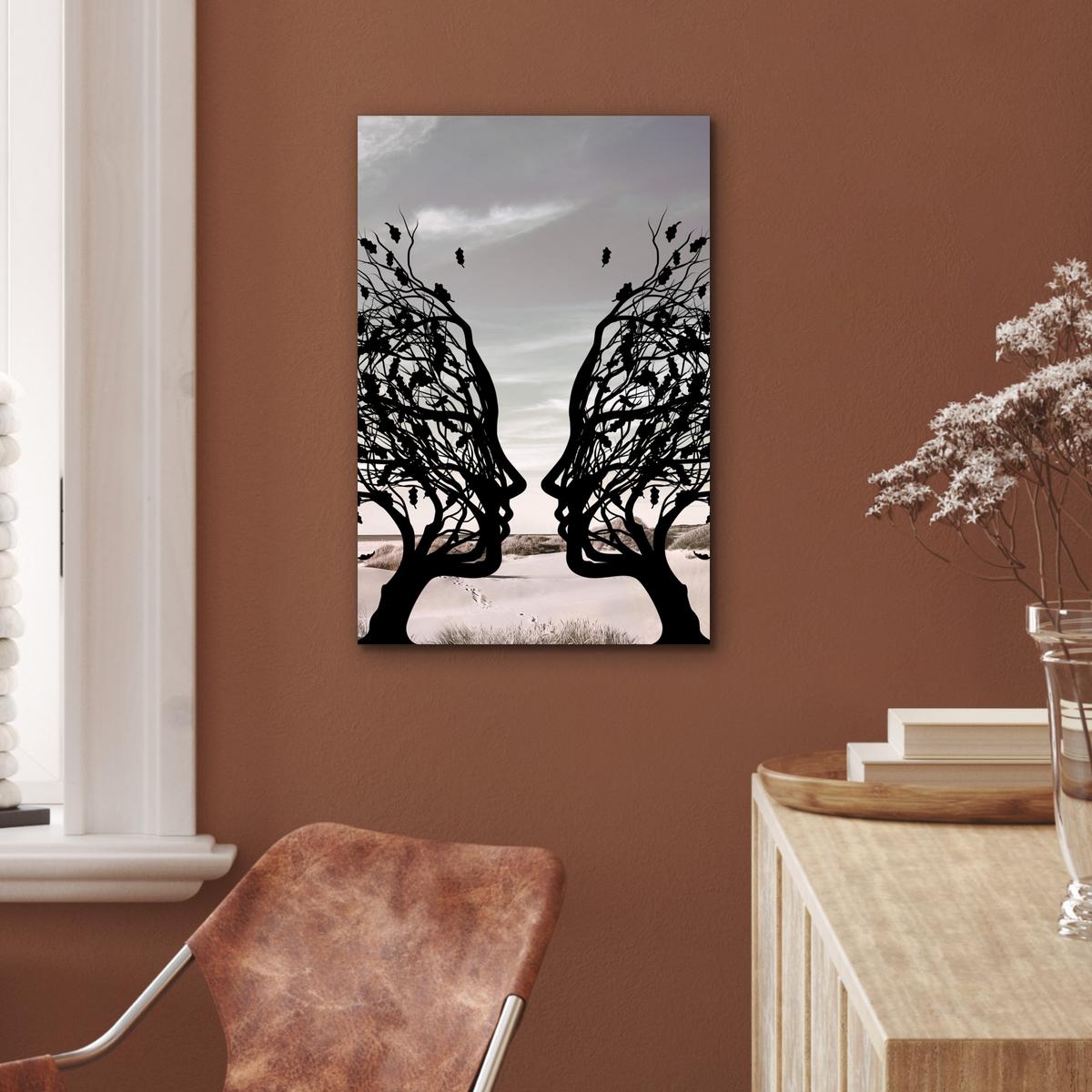 METALLBILD Strand - Meer - Menschen - Baum - Moderne Kunst Deko Schlafzimmer 40x60 cm - Hellgrau, Metall (40/60cm) - MuchoWow