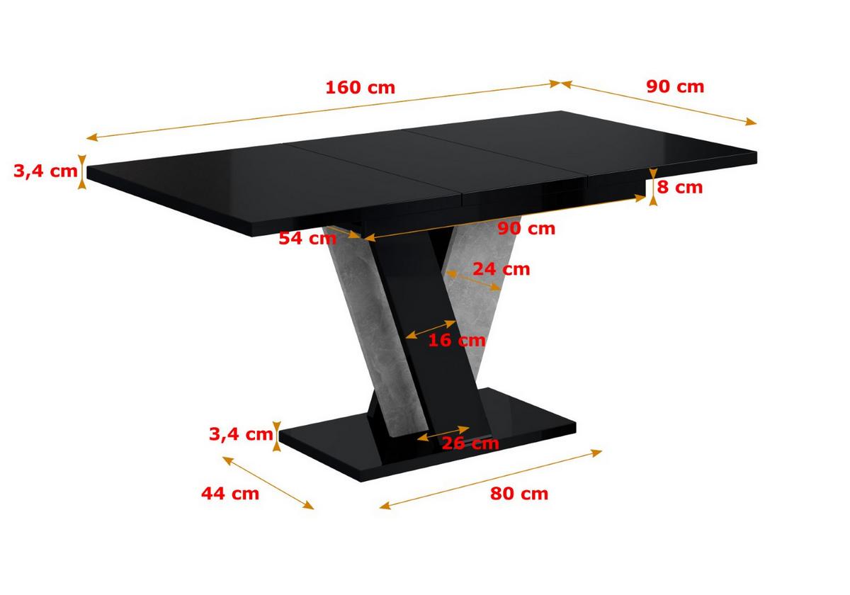 ESSTISCH ausziehbar 120 -160x90x75 cm - Hochglanz Schwarz/Betonoptik - INEY - Schwarz Hochglanz, Holzwerkstoff (120/90/75cm) - ALTDECOR