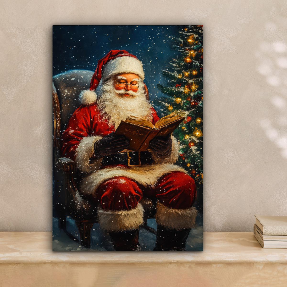 LEINWANDBILD Weihnachtsmann - Weihnachten - Winter - Weihnachtsbaum Deko Wohnzimmer 20x30 cm - Bordeaux, Textil (20/30cm) - MuchoWow