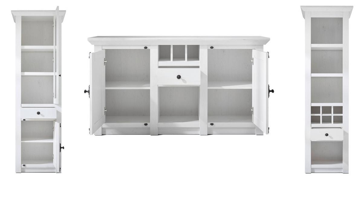 WOHNWAND 4-teilig Pinie weiß 290 cm, Wohnkombination im Landhaus-Stil - Schwarz/Weiß, Glas/Holzwerkstoff (293/207/45cm) - Furn.Design