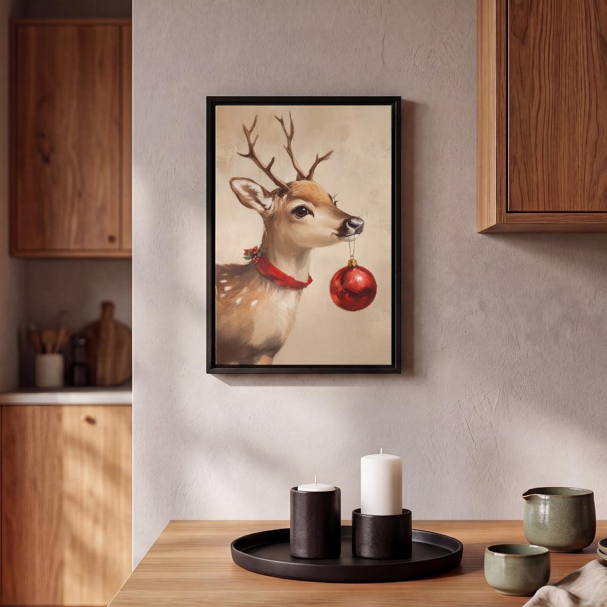 LEINWAND Bilder mit Rahmen - Weihnachten - Hirsch - Geweih - Weihnachtskugel - Rentier - 20x30 - Hellbraun, Textil (20/30cm) - MuchoWow
