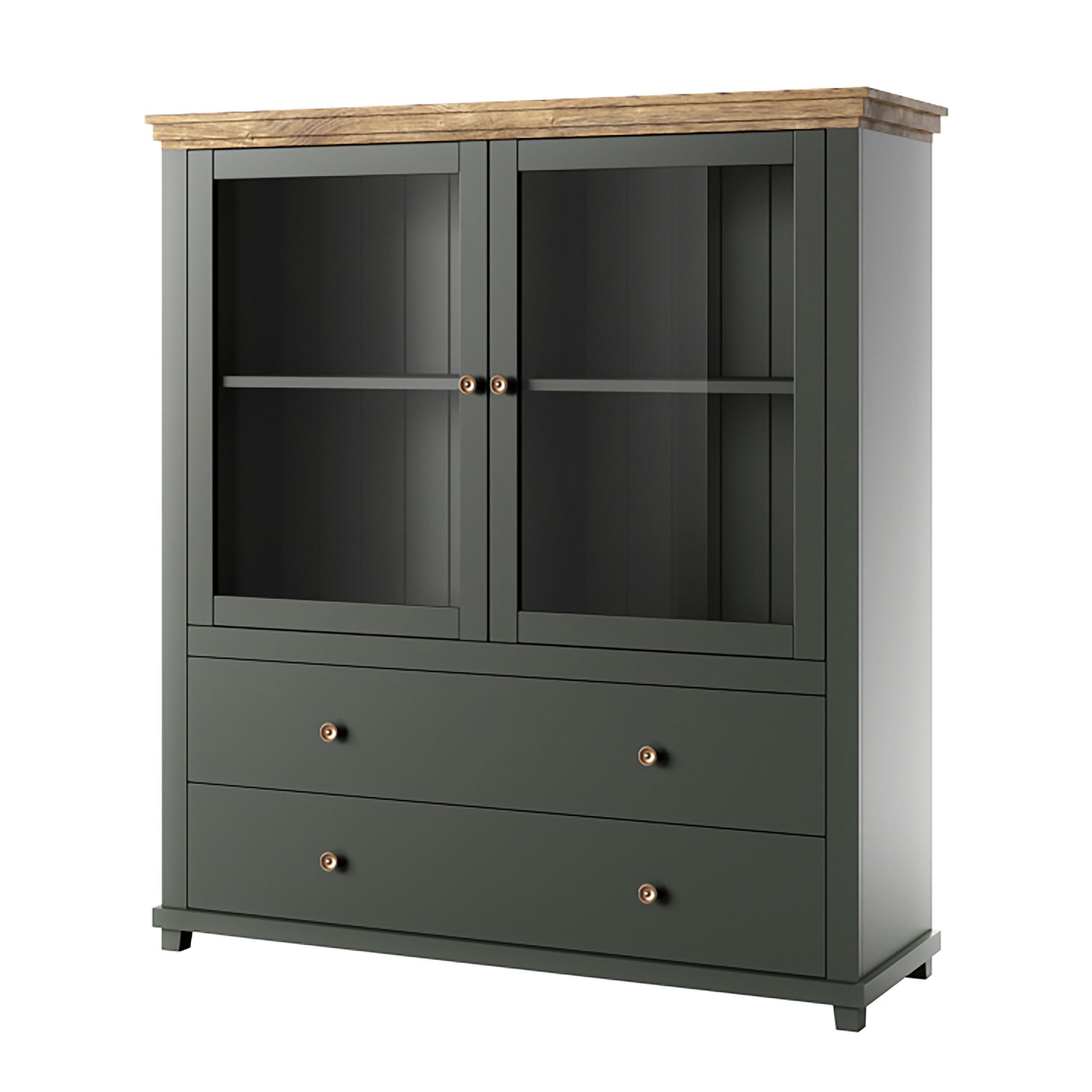 VITRINE EVANDRO 126/138/42 cm mit 2 Schubladen und 2 Türen Grün - Grün, Holzwerkstoff (126/138/42cm) - MASSENO