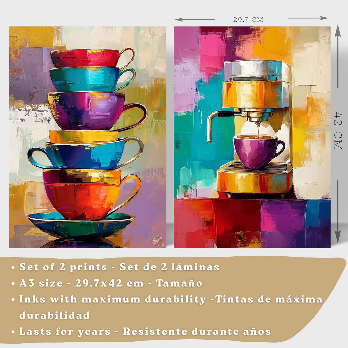 POSTER 2er Set Küchen-Wandbilder Kaffeetassen und Espressomaschine Pop Art Bunt Esszimmer Wanddeko Rahmenlos A3 - Schwarz, Papier (29.7/1/42cm) - Nacnic