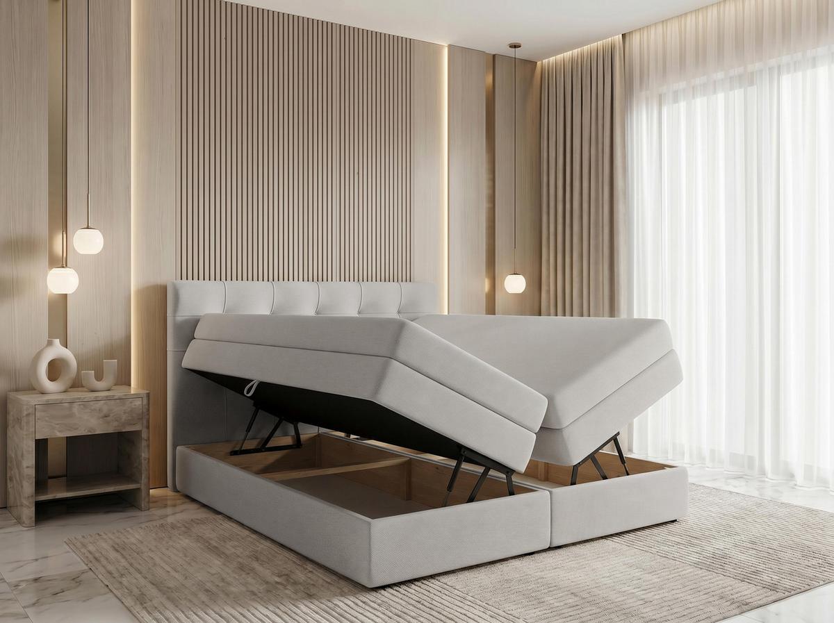 BOXSPRINGBETT FINIKE 140x200 cm mit Bettkasten und 2 Matratzen - Beige + TOPPER - Beige/Schwarz, Holz/Holzwerkstoff (140/200cm) - AX Living