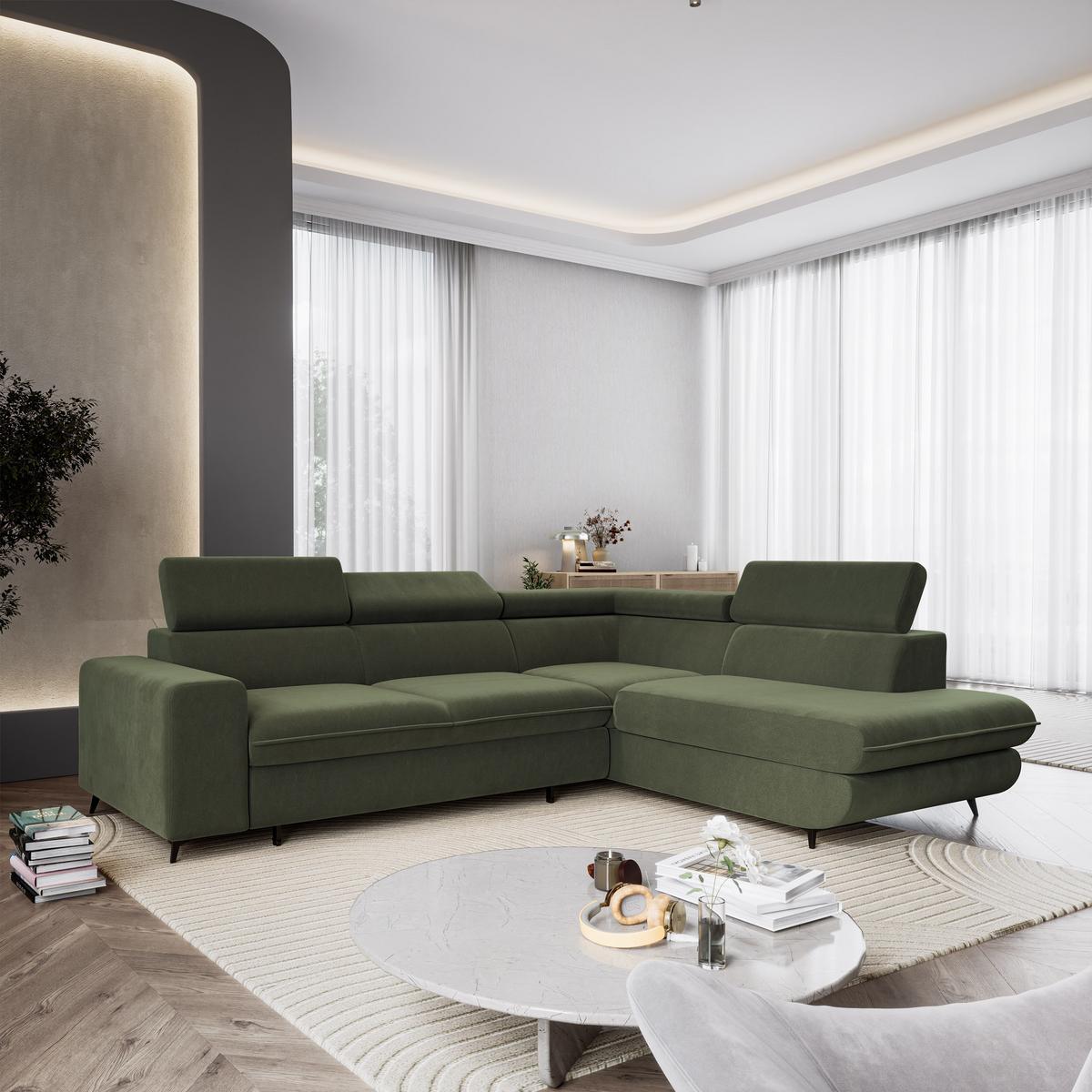 ECKSOFA VELISS Olivgrün Veloursstoff mit Schlaffunktion - Olivgrün, Holz (255/193cm) - MASSENO
