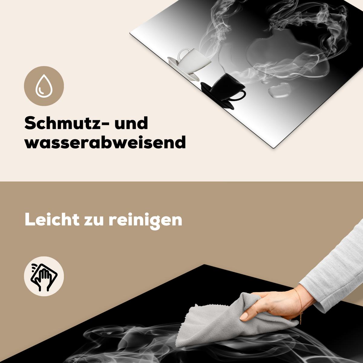 HERDABDECKPLATTE Kaffee - Herz - Schwarz und weiß - Tassen Abdeckung Ceranfeld 59x51 cm - Weiß, Kunststoff (59/51/0.2cm) - MuchoWow