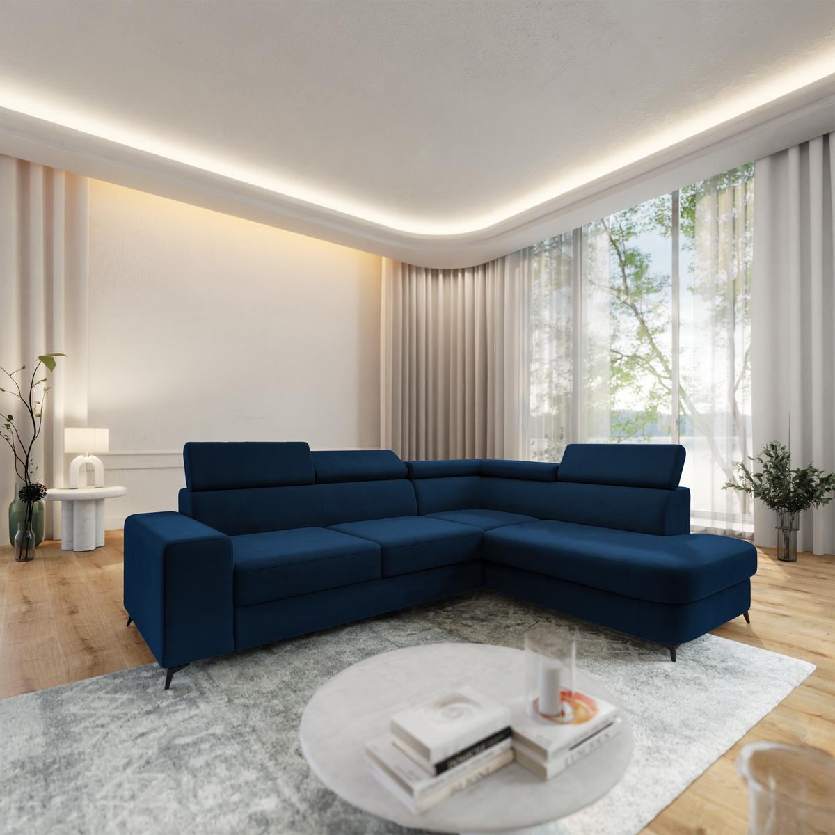 ECKSOFA ALVORO R-S Blau Velours-Stoff mit Schlaffunktion - Blau, Holz (253/190cm) - MASSENO