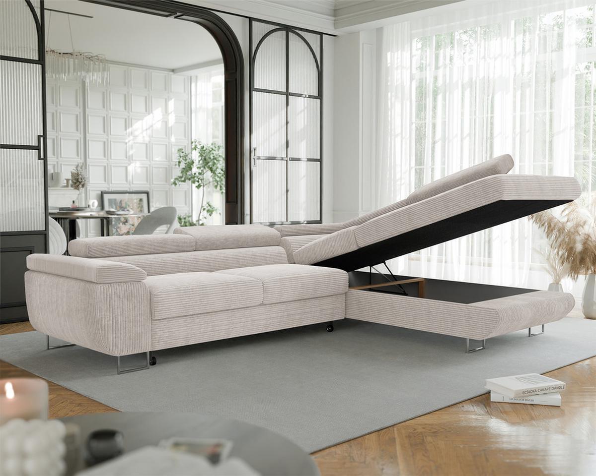 ECKSOFA ANTON rechts, mit Schlaffunktion und Bettkasten Creme - Chromfarben/Creme, Textil/Metall (274/203cm) - Idohome