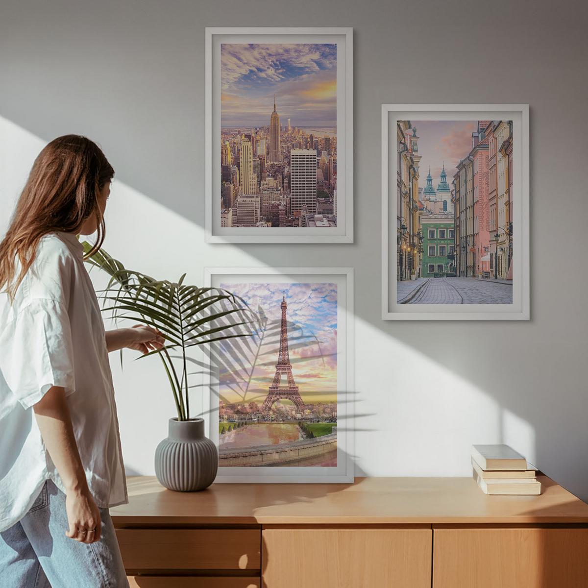 BILDER SET 3er Set - 40x60 cm Weißer Rahmen - Städte New York Paris Dämmerung - Weiß, Kunststoff (40/60cm) - TULUP