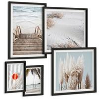 BILDER SET 5er Set - 50x50 cm & 20x30 cm & 40x60 cm Schwarzer Rahmen - Strandatmosphäre dank hölzerner Treppen. - Schwarz, Kunststoff (40/60cm) - TULUP