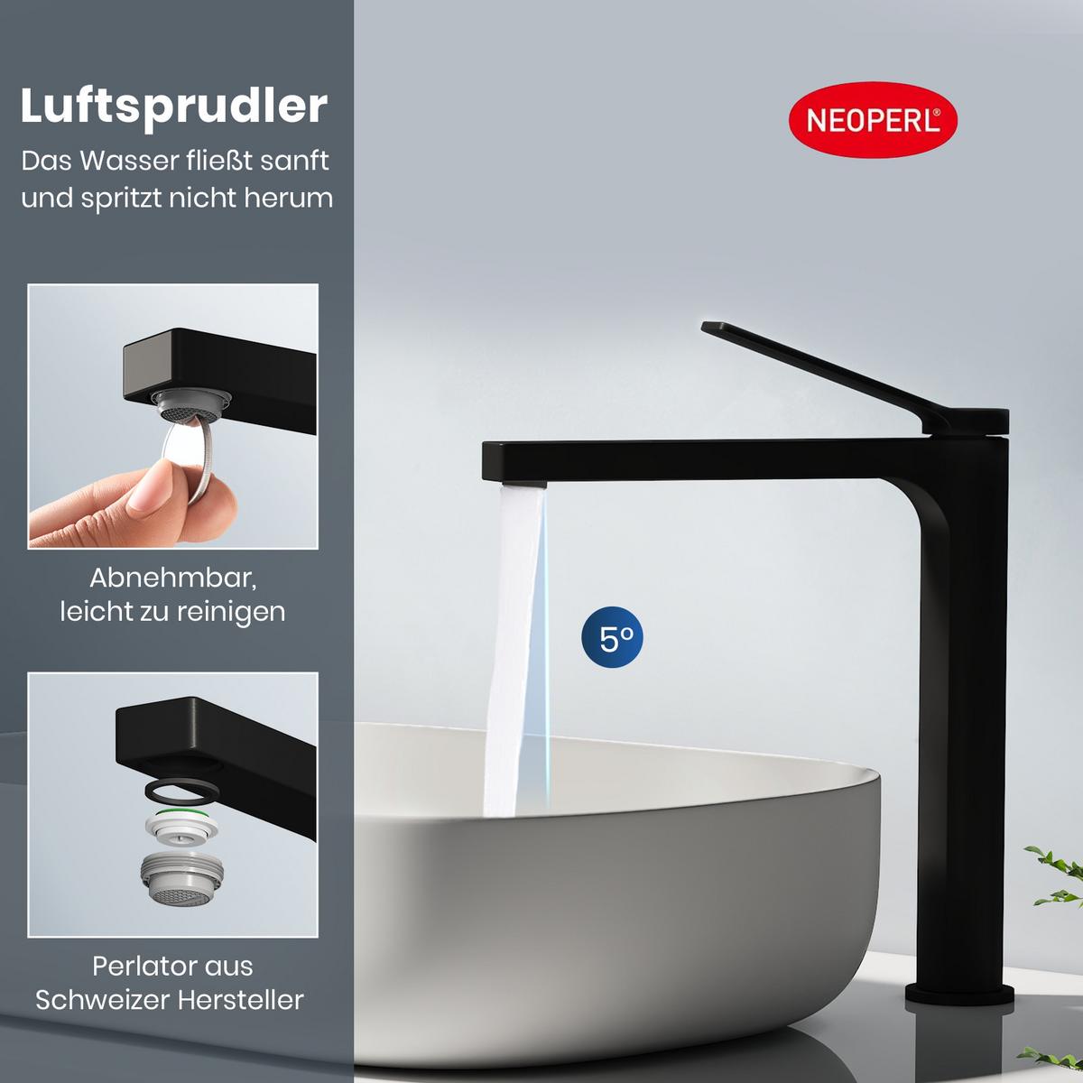 WASCHTISCHARMATUR mit Zertifiziertem Filterelement Schwarz Matt 33,5/23,3/4,6 cm - Schwarz, Metall (23.3/4.6/33.5cm) - EMKE