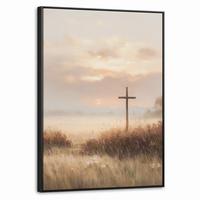 LEINWAND Bilder mit Rahmen - Gras - Morgennebel - Kreuz - Christentum - 70x100 - Beige, Textil (70/100cm) - MuchoWow