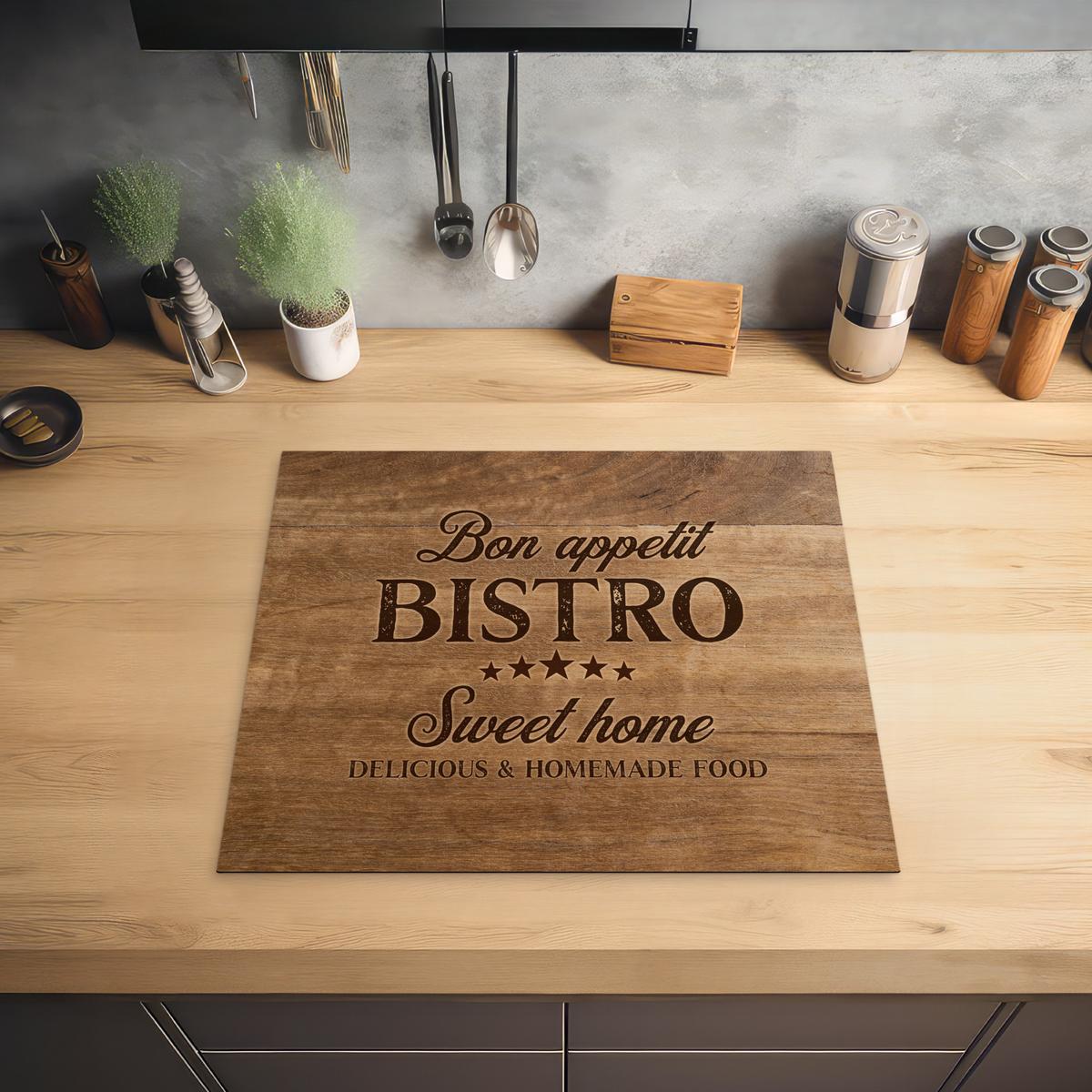 HERDABDECKPLATTE Zitat - Bistro - Guten Appetit - Süßes Zuhause - Holzmaserung Abdeckung Ceranfeld 58.3x51.3 cm - Braun, Kunststoff (58.3/51.3/0.2cm) - MuchoWow