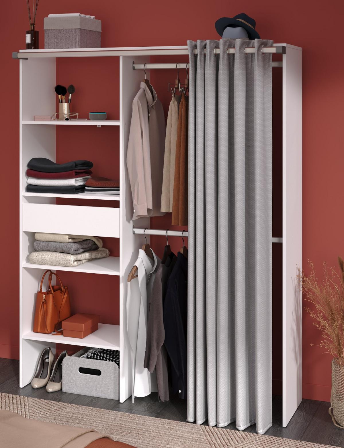KLEIDERSCHRANK weiß, grau, Mehrzweckschrank 143 cm mit Vorhang - Weiß/Grau, Holzwerkstoff/Textil (143/182/48cm) - Parisot Meuble