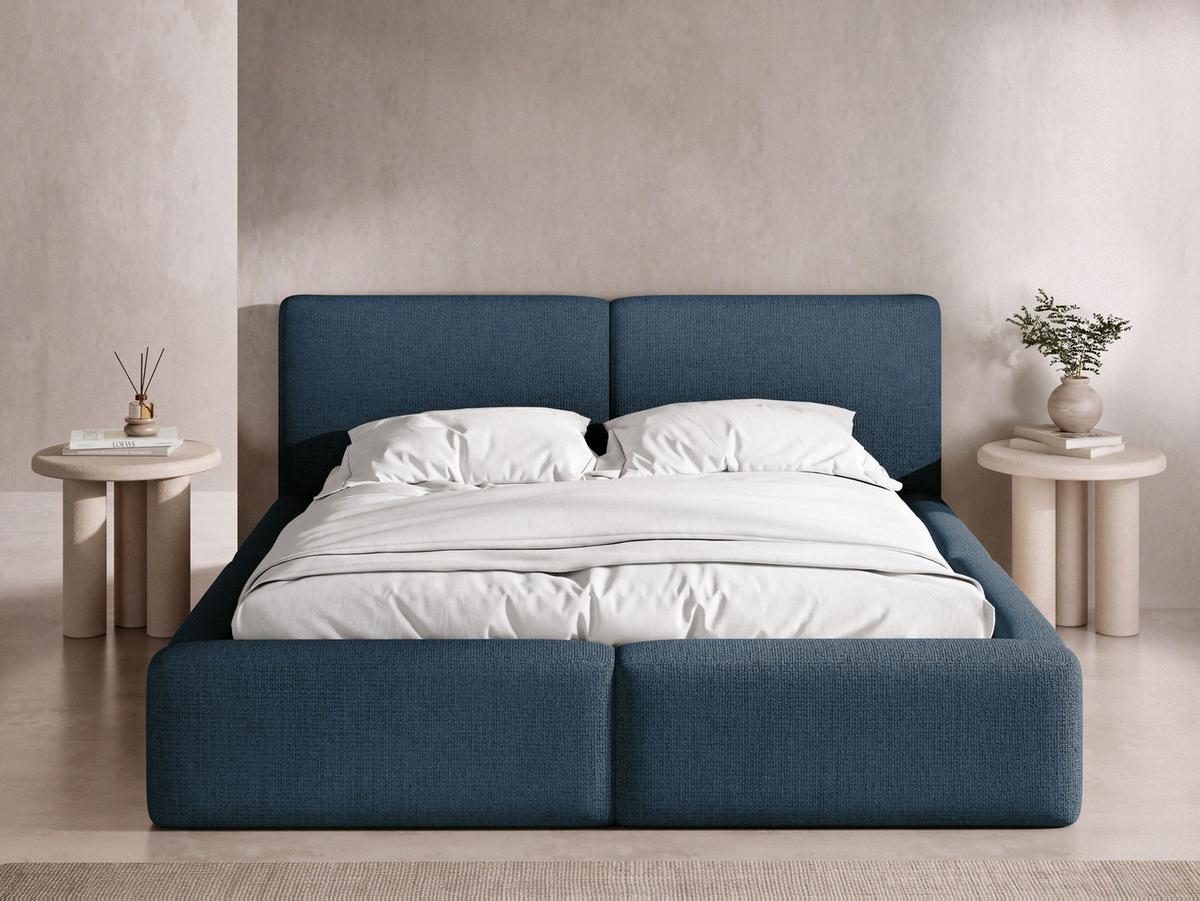 POLSTERBETT Duo mit Bettkasten, Metall-Lattenrost & hohem Kopfteil in Dunkelblau Chenille 160x200 cm - Birkefarben/Dunkelblau, Kunststoff/Textil (160/200cm) - WFL GROUP