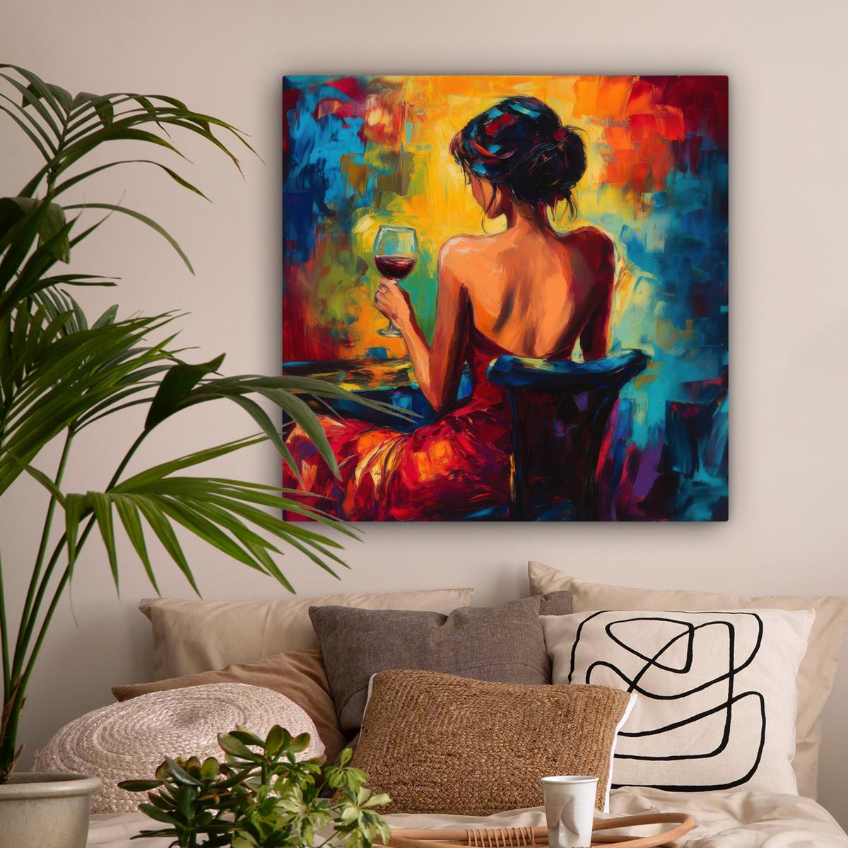 LEINWANDBILD Wein - Frau - Stimmungsvoll - Farbenfroh Deko Groß 90x90 cm - Bordeaux, Textil (90/90cm) - MuchoWow