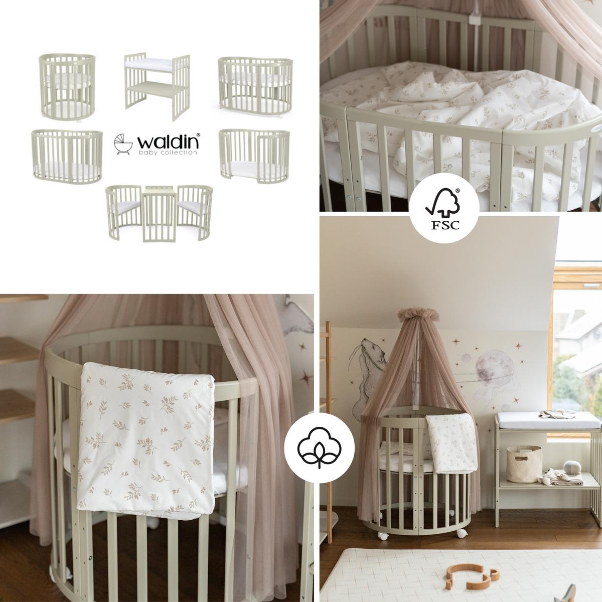 BABYBETT OLIVE OVAL 7in1 mit Matratze und Himmelset - Taupe/Olivgrün, Holz/Textil (73/125cm) - waldin