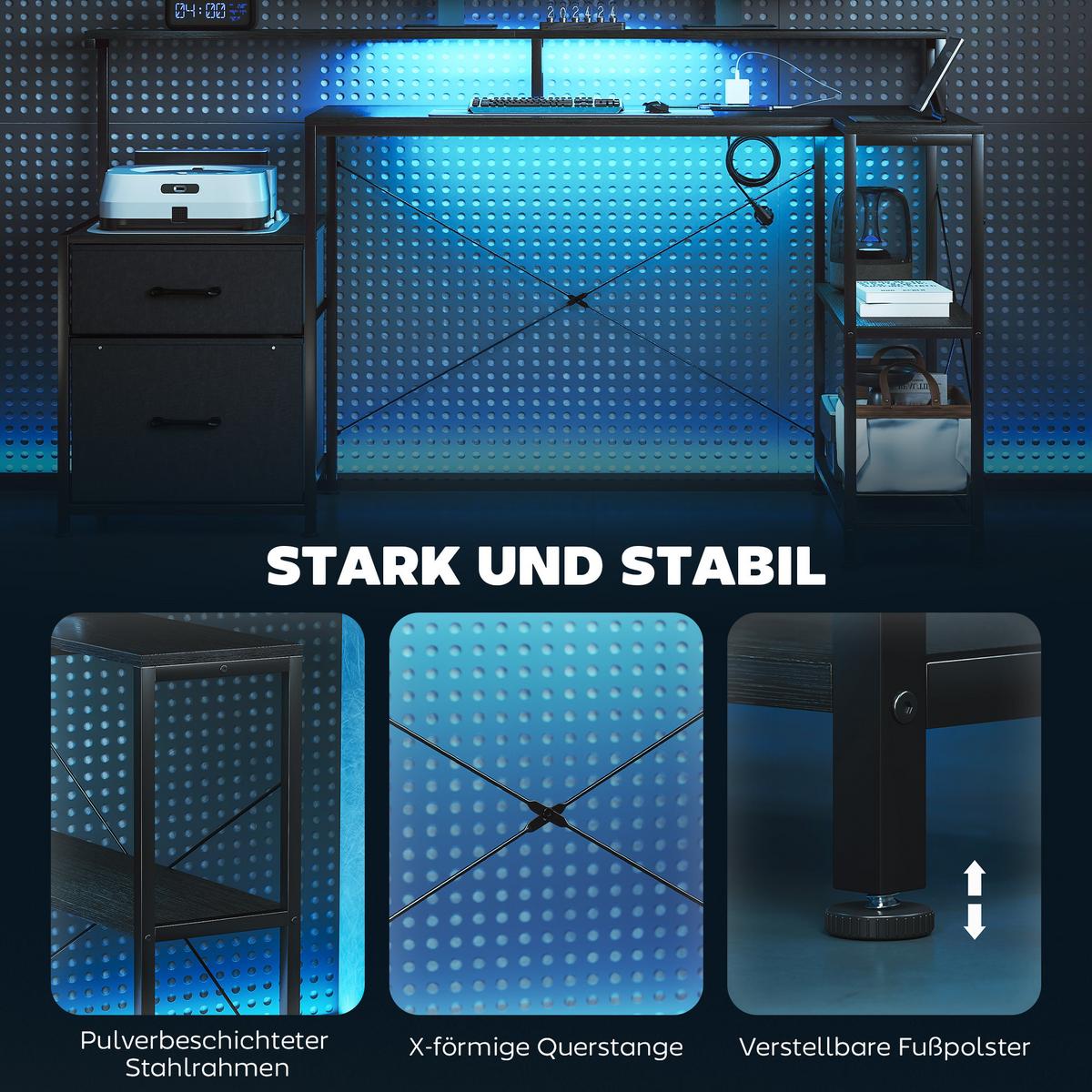 GAMING Tisch L-förmiger 165 x 80 cm Schreibtisch mit LED & Steckdosen 2 Schublad - Schwarz, Holzwerkstoff/Metall (165/80/91.5cm) - HOMCOM