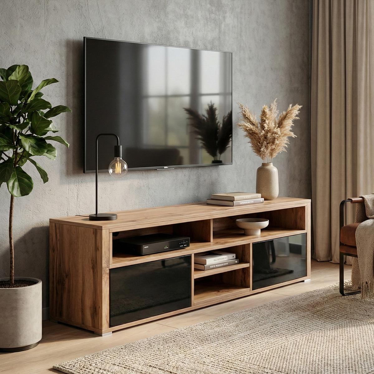 TV-ELEMENT Bella mit 2 Türen und offenem Regal, eiche Wotan+schwarz glänzend - Eichefarben/Schwarz, Holzwerkstoff (137/42.5/33cm) - Beautysofa