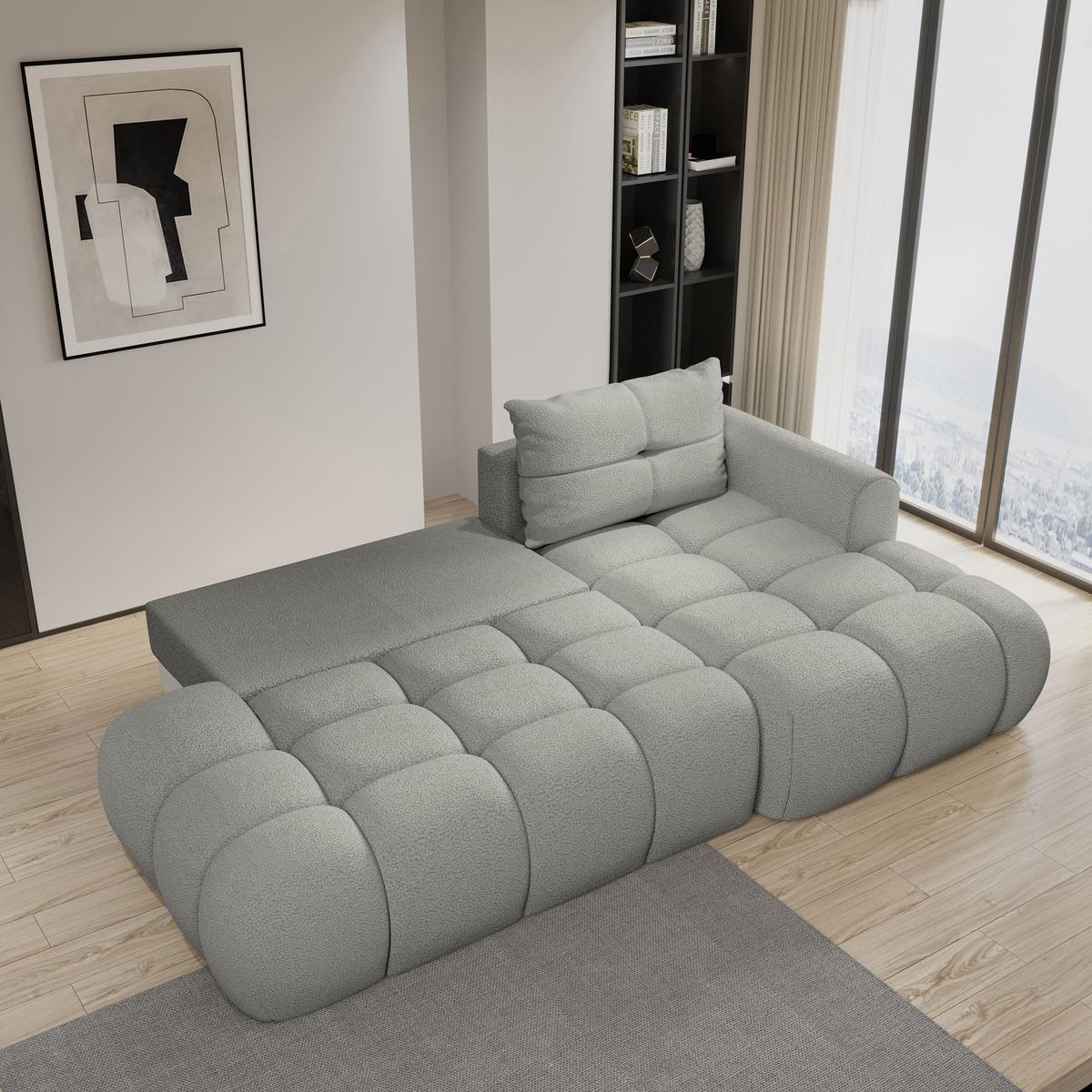 ECKSOFA FLUMA R-S Hellgrau Boucle-Stoff mit Schlaffunktion - Hellgrau, Holz (279/158cm) - MASSENO