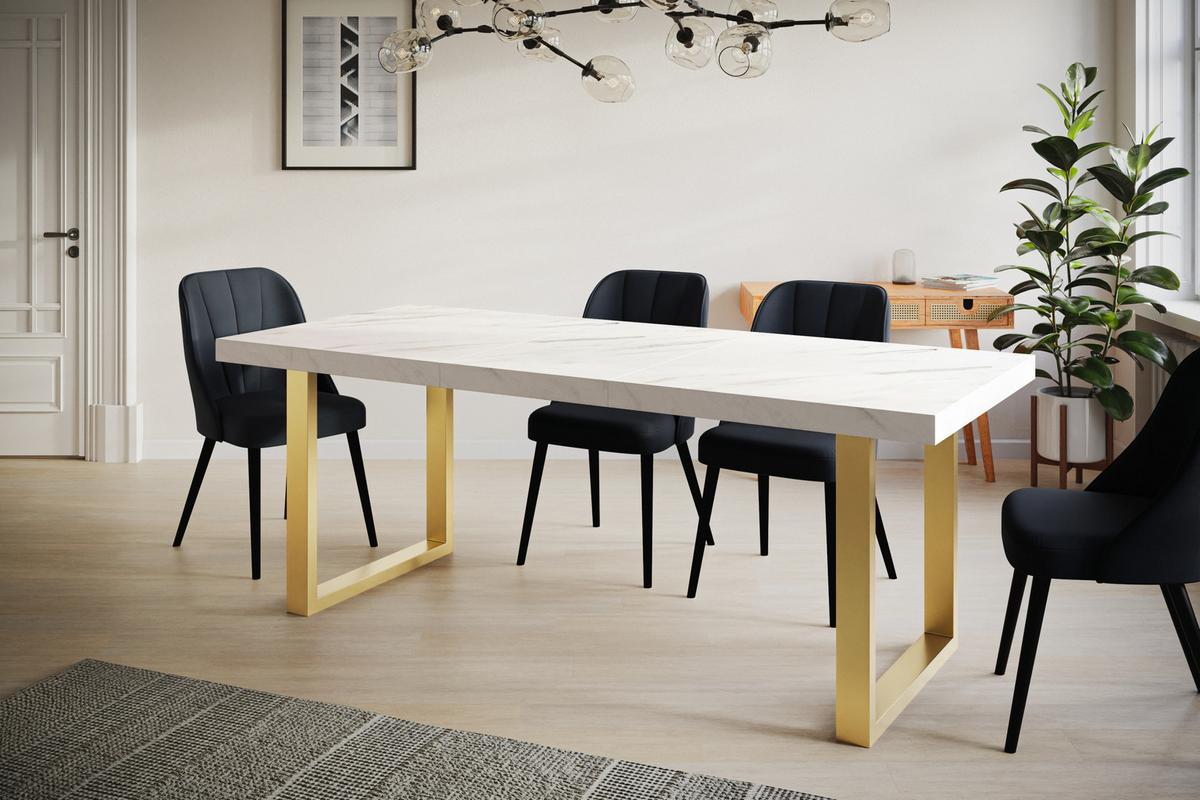 INDUSTRIELLER Esszimmertisch LOFT-U, ausziehbarer Tisch, Größe: 140-240X80X77 cm, Wohnzimmertisch Farbe: MARMUR, mit Metallbeinen in Farbe Gold - Goldfarben/Hellgrau, Holzwerkstoff (140/80/77cm) - Alpi-Möbel