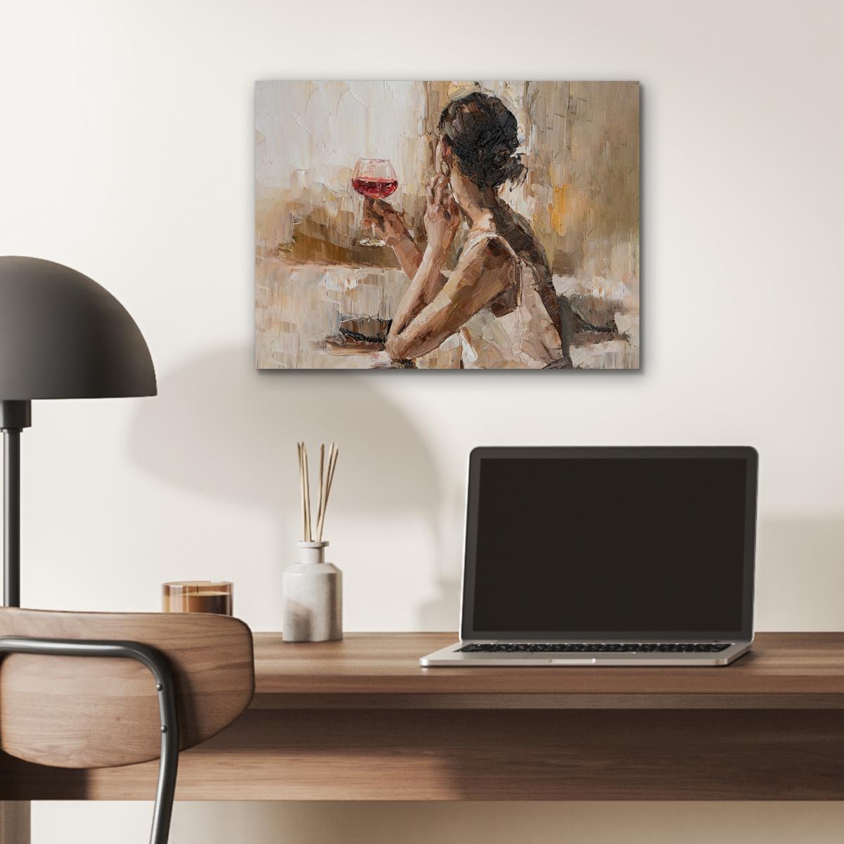METALLBILD Ölgemälde - Frau - Wein 40x30 cm - Hellbraun, Metall (40/30cm) - MuchoWow