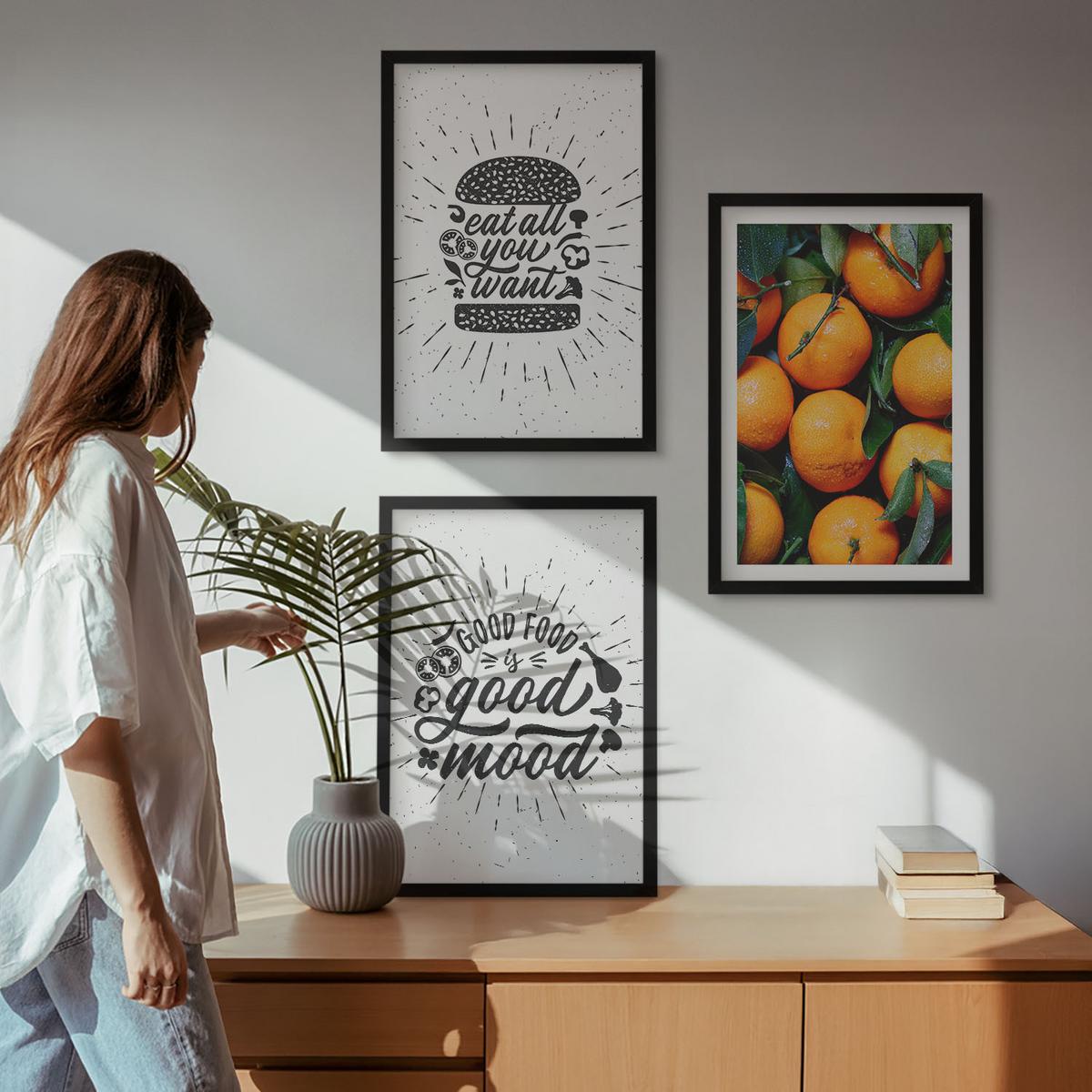 BILDER SET 3er Set - 40x60 cm Schwarzer Rahmen - Juicy Oranges Kitchen - Schwarz, Kunststoff (40/60cm) - TULUP
