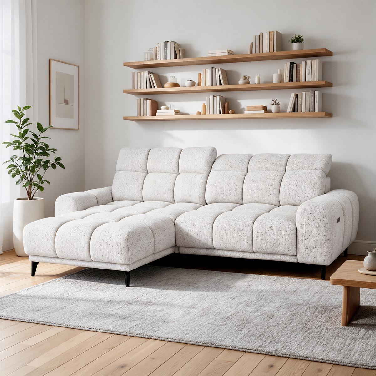 ECKSOFA Marco Mini mit elektrisch ausfahrbarem Sitz und verstellbaren Kopfstützen, Links, Chenille-Stoff, Creme - Creme/Schwarz, Textil (275/182cm) - Beautysofa