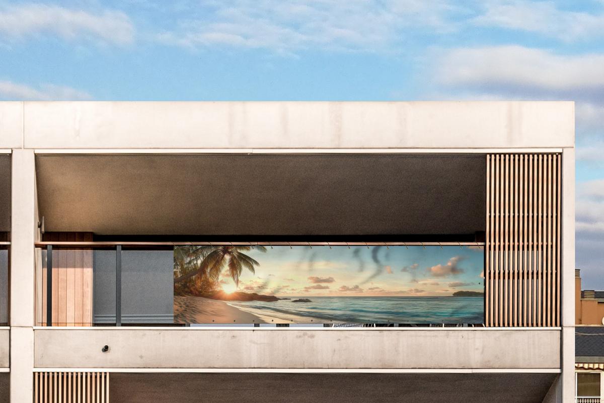 BALKON-SICHTSCHUTZ Strand - Palmen - Meer - Sonnenuntergang Deko XXL 500x130 cm - Samtahornfarben, Kunststoff (500/130cm) - MuchoWow
