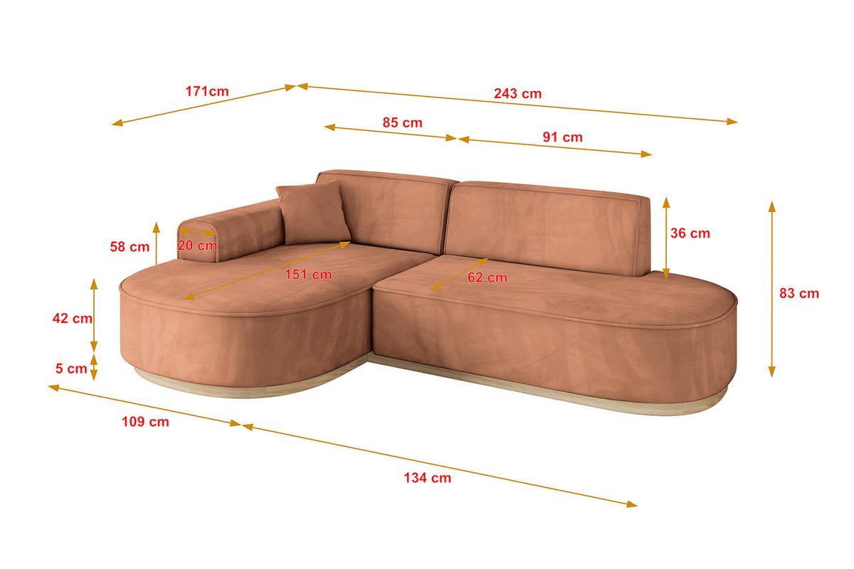 ECKSOFA Ottomane Links MARI-L1-v1 - 243x171x83 cm Orange Velours - Orange, Holzwerkstoff/Textil (243/171cm) - ALTDECOR