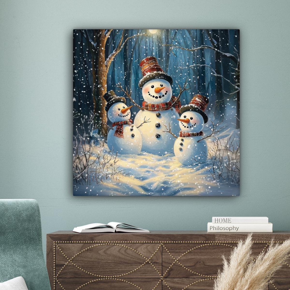 LEINWANDBILD Schneemann - Schnee - Winter - Wald Deko Groß 90x90 cm - Hellblau, Textil (90/90cm) - MuchoWow