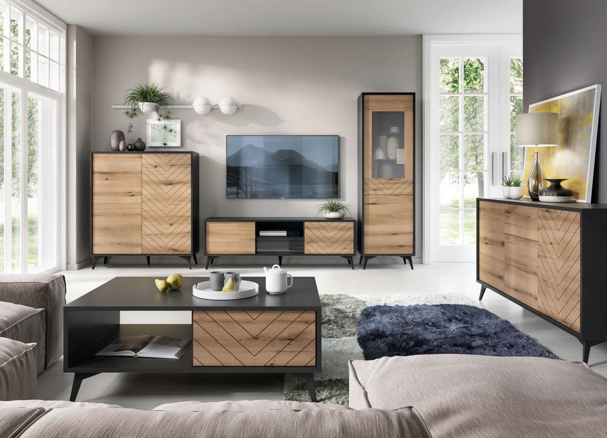 SIDEBOARD Boulia Schwarz mit Fischgrätfronten in Eiche 104 cm - Eichefarben/Schwarz, Holzwerkstoff/Metall (104/77/39cm) - Selsey
