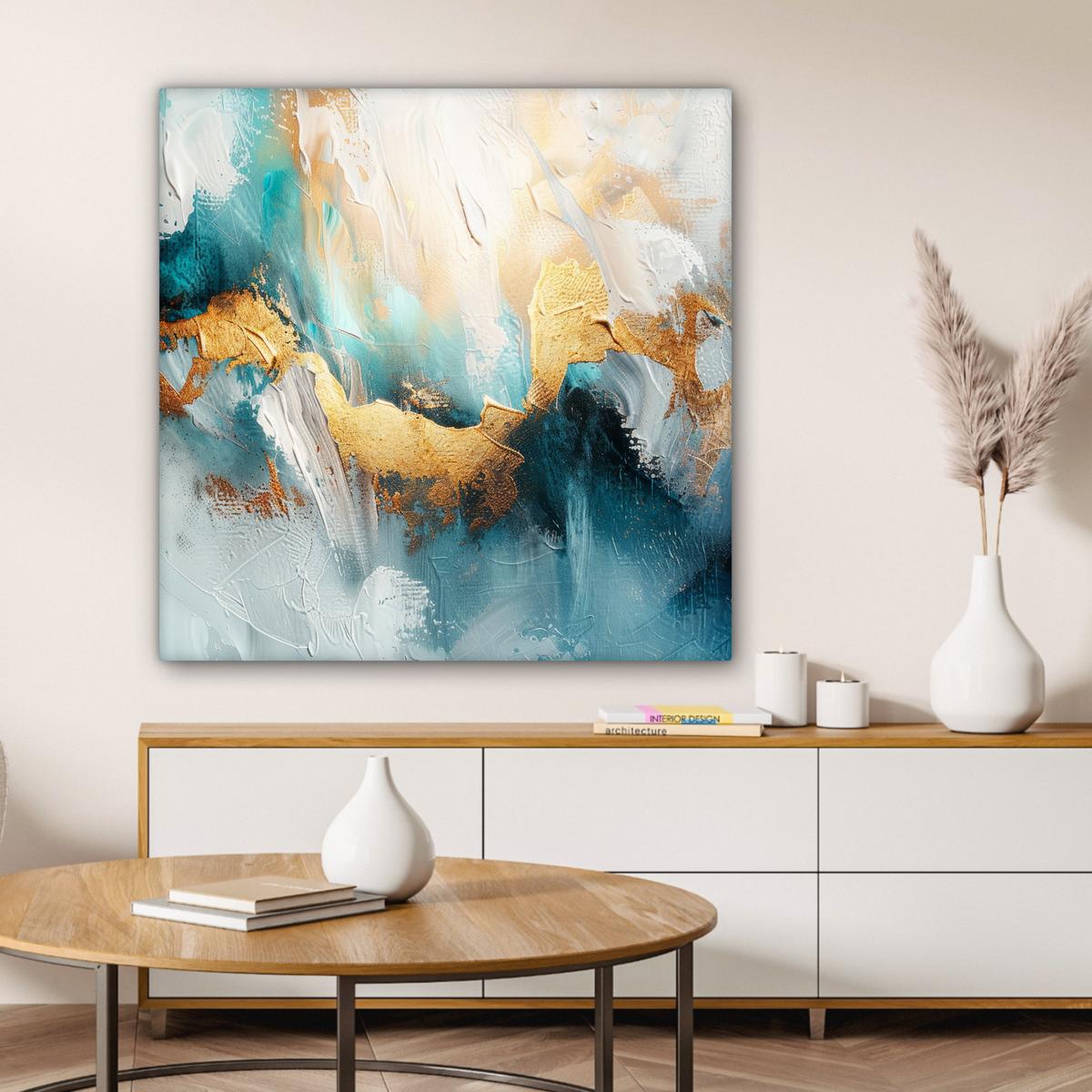 LEINWANDBILD Abstrakt - Kunst - Gold - Blau Deko Groß 90x90 cm - Petrol, Textil (90/90cm) - MuchoWow